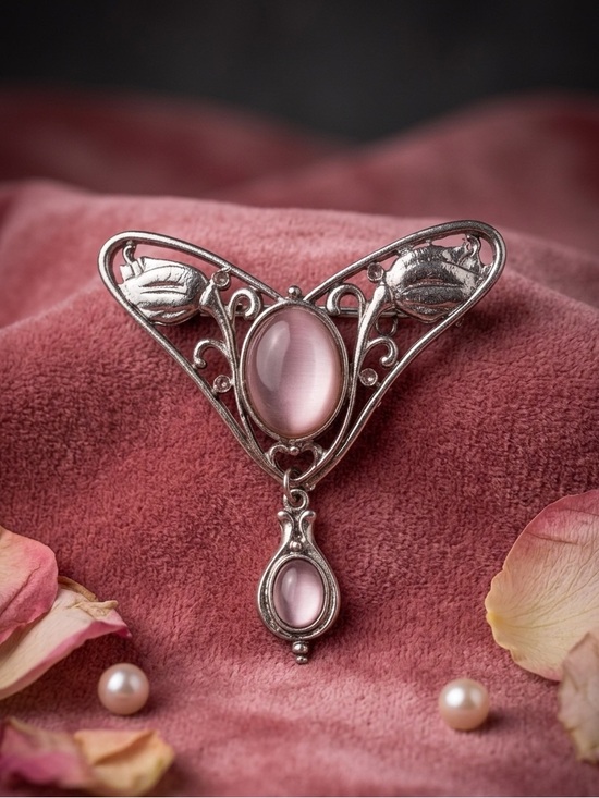 Unsigned Jewelry - Art Nouveau Silver Tone Pink Cat's Eye Lavalier Brooch Pendant